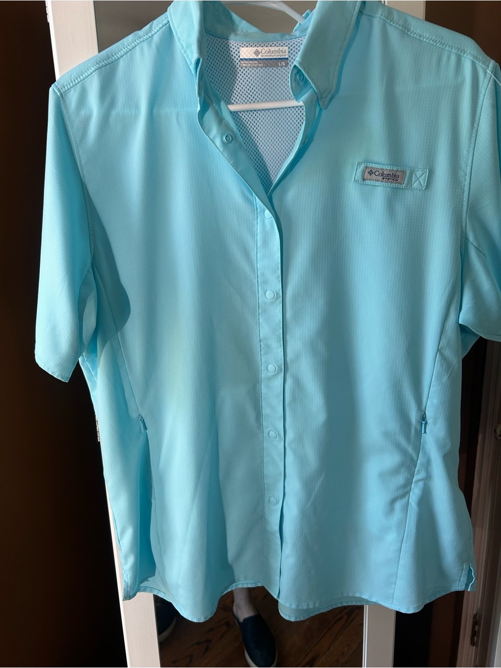 Columbia PFG Short-Sleeve Button Shirt - Aqua Blue, L, NWOT